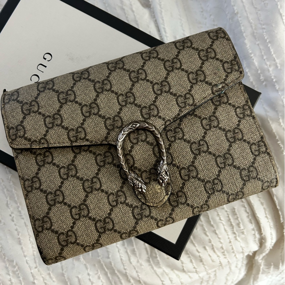 Gucci Tan Monogram Bag with Silver Clasp